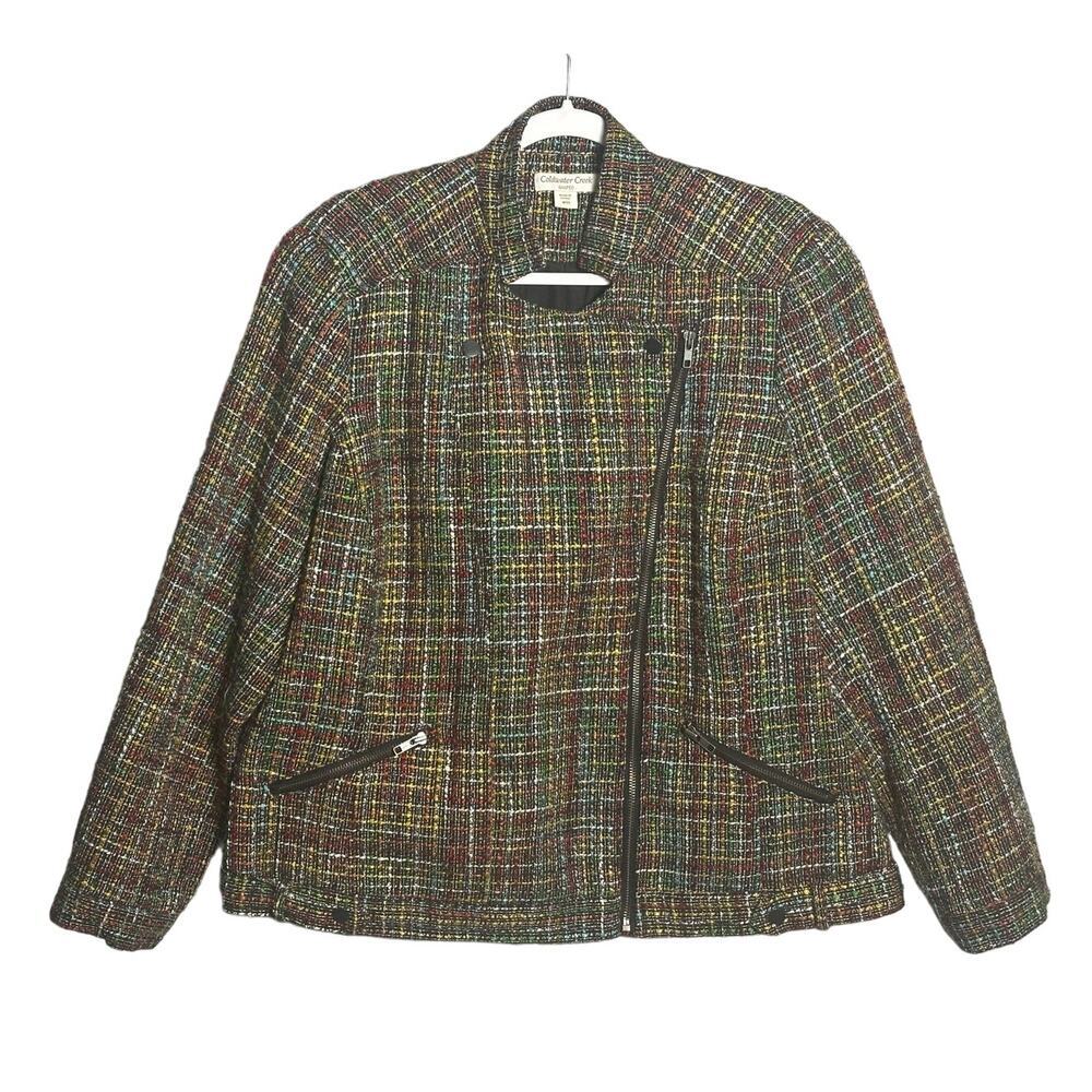 Coldwater Creek Sz 18W Rainbow Tweed Full Zip Asymmetric Jacket Blazer moto wool
